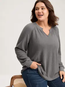 Bloomchic Waffle Grid Notched Collar Lace Sweatshirt in DimGray with Medium Stretch & Extra Long Sleeves for Leisure Style Fit Basic Womenswear Tops Woven