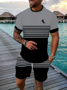 Men's Summer Casual Two-Piece Set, Round Neck Short Sleeve T-Shirt & Drawstring Pocket Shorts, Stretch Knit Fabric, Outdoor Sports