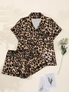 Women's Leopard Print Button Front Cardigan Loungewear Set, Pajama Set, Casual Short Sleeve Top & Soft Shorts, Loose Fit Homewear