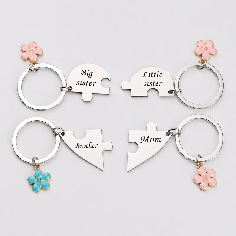 Mother & Children Puzzle Keychain Set for 4, Mom Big Sister Little Sister Brother Family Matching Keychains, Sweet Meaningful Gift for Mother’s Day, Birthday, Christmas or Just Because