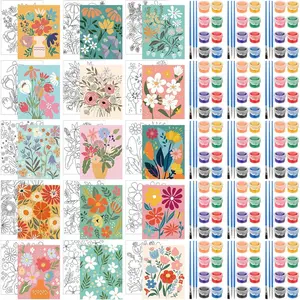 75 Pcs 15 Set Floral Pre Drawn Canvas Kit for Painting Craft Sip and Paint Kit for DIY Adults Pre Printed Canvas Painting Favor for Paint Gifts Adult's Date Party