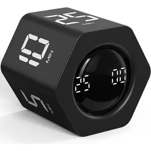 Rotating Pomodoro Timer 5, 25, 10 30,60 Mins Preset Stopwatch, Desk Flip ProductivityTimer, ADHD Tool Hexagon, Vibration/Mute/Alarm, for Work, Study, Back to School, Kitchen, Black