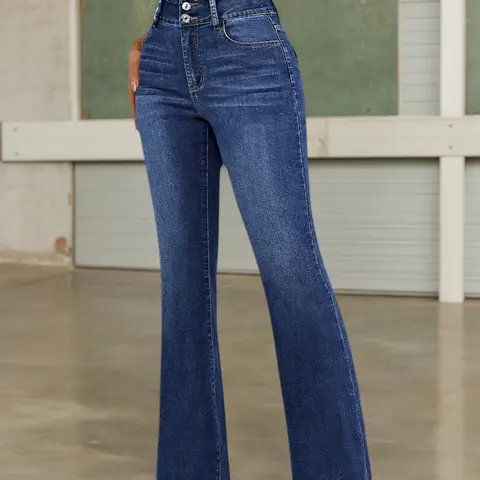 Women's Blue stretchy Denim Pants, Elastic High-Waisted Skinny Pants, Button, trending 2025, Elastic Fitted, Wide Leg Casual Fashion Pants, Slim-Fitting Long Regular Fit, All Seasons Wear, Womenswear, Bottom