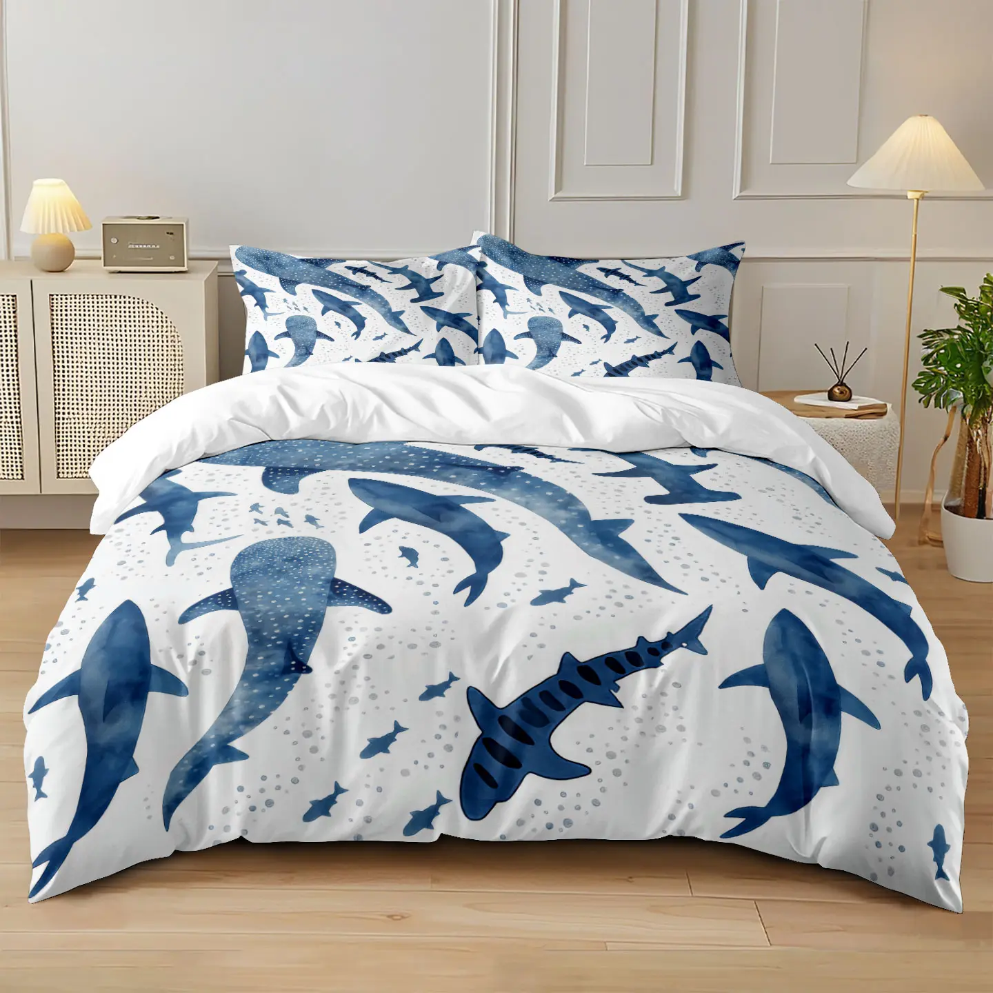 3-piece set (1 quilt cover +2 pillowcases, coreless) Marine animal shark element printed quilt cover set, soft and comfortable, Comfy Bedding Sets, suitable for bedrooms, hotels, and dormitories Decorative Bedding Set Soft Bedding Sets