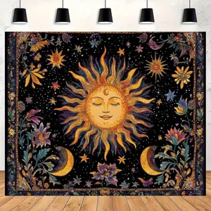 Tapestry  Large Wall Hanging Tapestry - Bohemian Sun & Moon Wall Decor with Sun, Moon  Stars & Floral Motifs - Deep Purple, Golden, Blue, Yellow, Pink, Green, Black - Durable for Living Room, Bedroom, Dorm, Wedding, Party - Boho Chic Home D