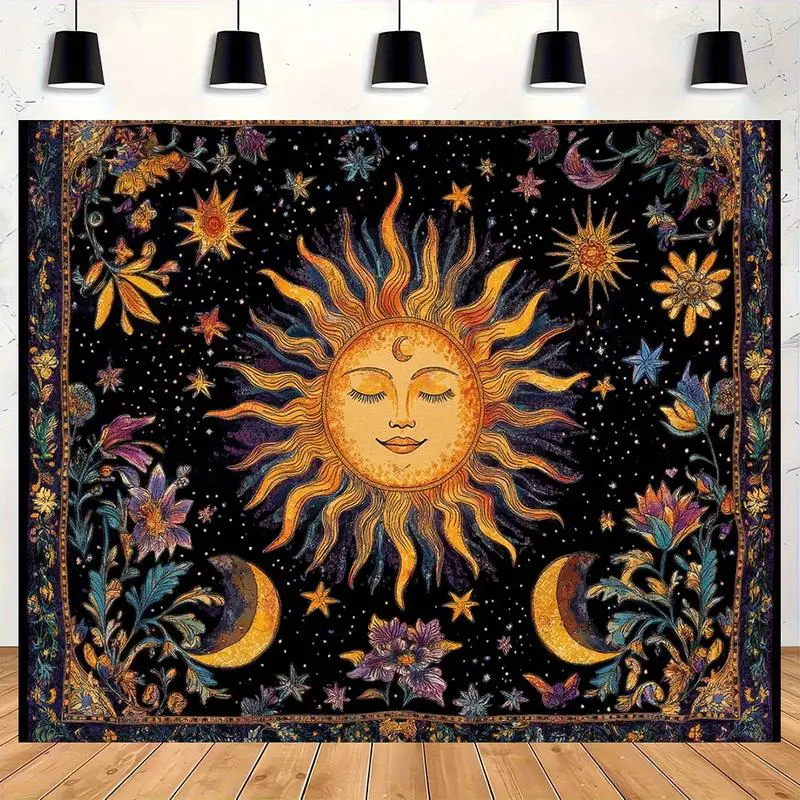 Large Bohemian Sun-Moon Wall Tapestry - Home Decor with Sun, Moon, Stars, Floral Motifs - Deep Purple, Golden, Blue, Yellow, Pink, Green, Black - Durable Room Art for Living Room, Bedroom, Home Supplies, Hangable