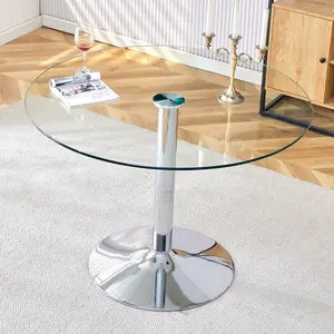 A glass tabletop with a diameter of 39.7 inches and a modern minimalist circular dining table with electroplated silver metal legs.Suitable for restaurants, living rooms.