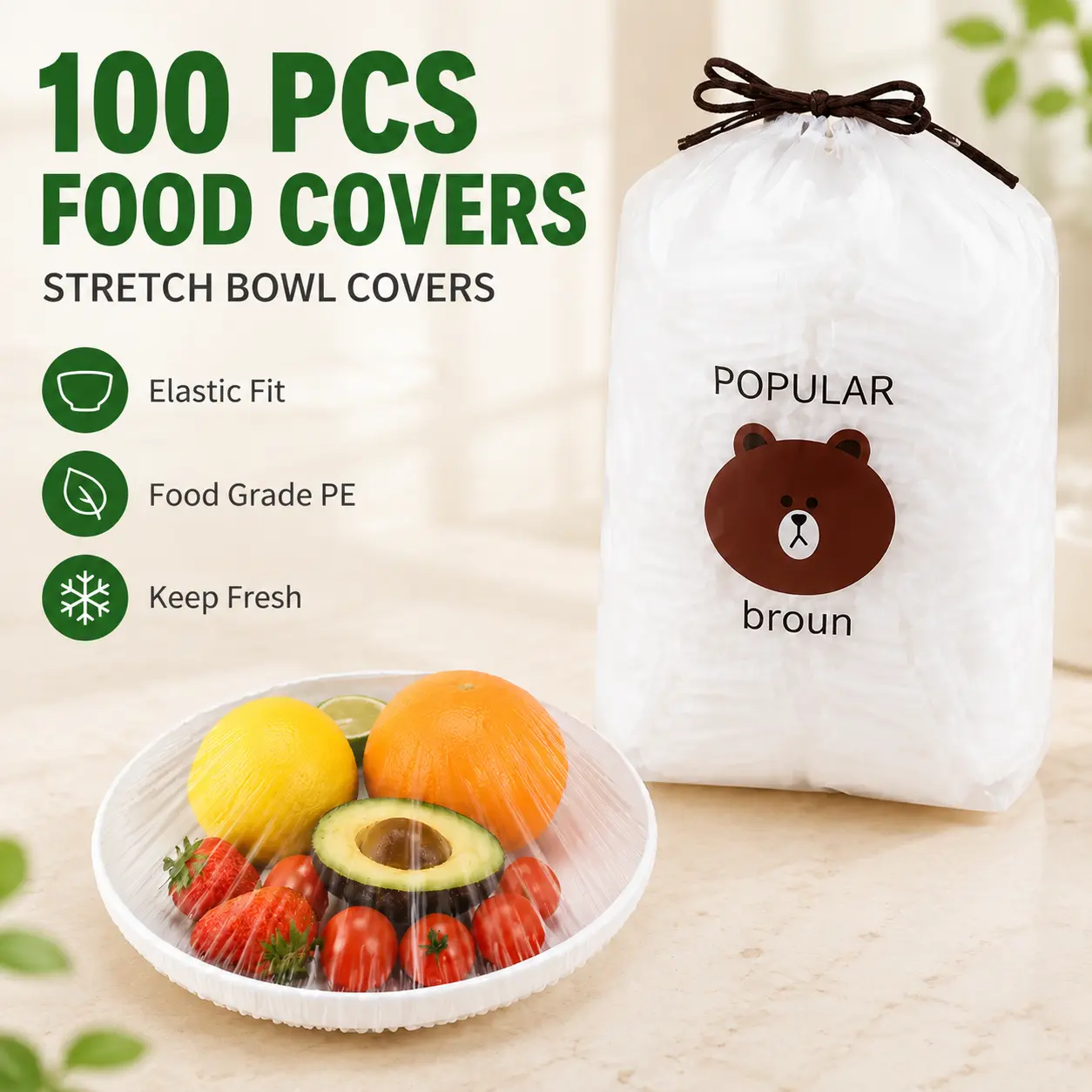 100 PCS Elastic Disposable Food Covers, Food‑Grade PE Stretch Bowl Plate Lids, Reusable Plastic Wrap Alternative for Leftovers Fruit Food Storage Kitchen Refrigerator