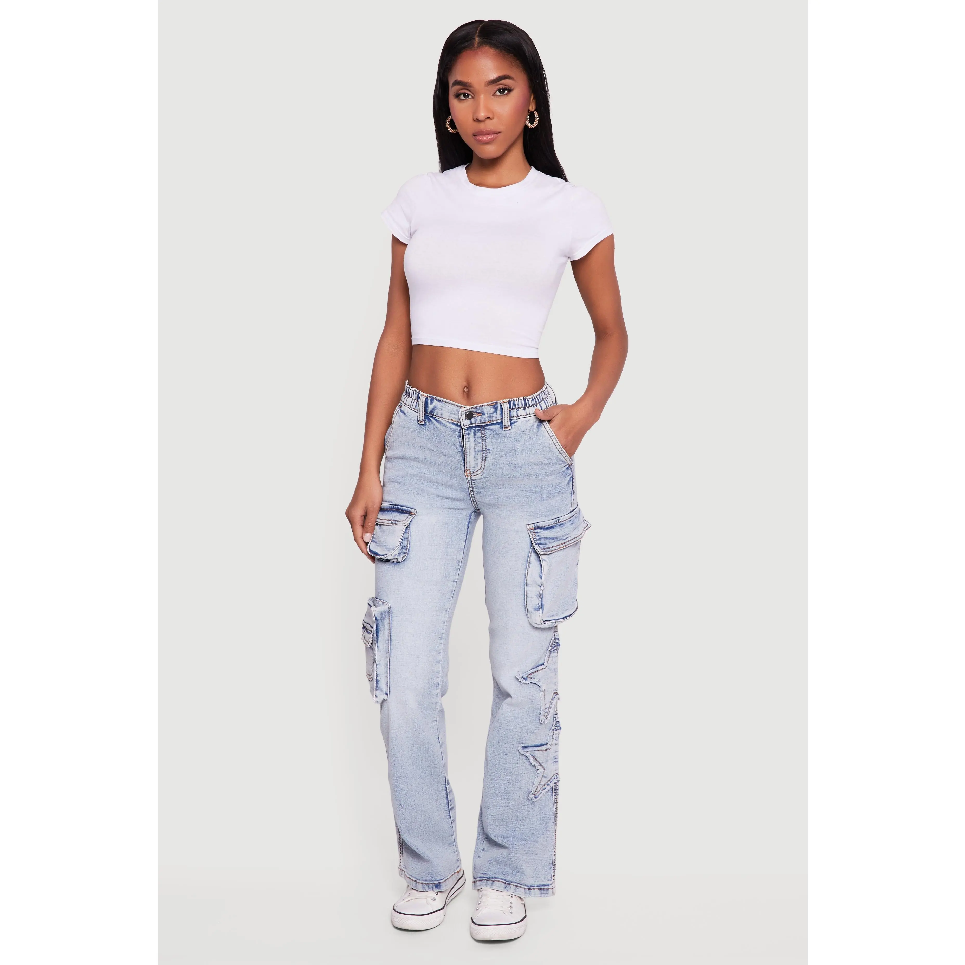 Star Applique Acid Wash Straight Leg Cargo Jeans