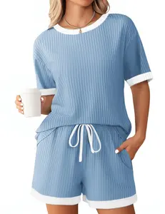 Women's 2 Piece Pajama Sets Summer Shirts Striped Shorts Casual Tops with Pockets Ribbed Short Sleeve Ringer Tee and Shorts Set Loungewear