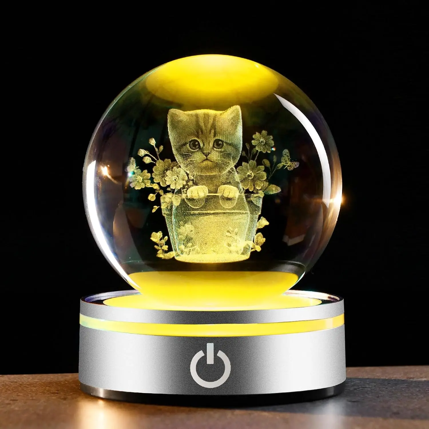 3.15in Vivid Engraved Cat, Butterfly & Carnation 3D Crystal Ball with LED Light Base - Home Decor Figurine Home Supply w/ Charging Cable, Valentine's Day/Ramadan Gift for Cat-Loving Women, Boyfriend, Children's Day Gift