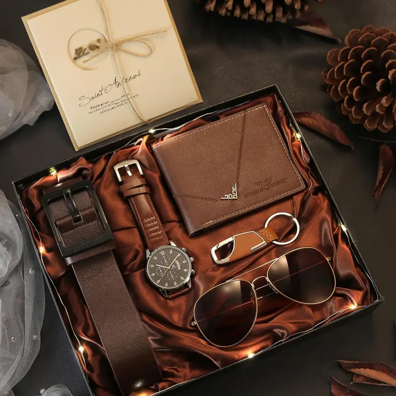 Men's Business Watch & Sunglasses & Belt & Wallet & Cufflinks & Pen & Card Holder Set, Fashion Watch Set for Party, Daily Clothing Decor, Trendy Exquisite Watch Set for Gift, Accessories Set, Accessory Set
