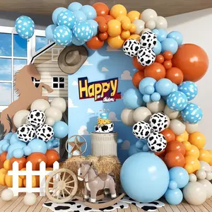 Western Balloon Arch Kit 123pcs Retro Burnt Orange Pastel Blue Mustard Yellow Cow Print Cloud Balloon Garland for Birthday Cowboy Baby Shower Rodeo Farm Western Cowgirl Party Decorations Rustic Elegance