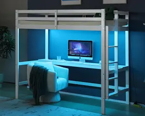VINGLI Loft Bed with Desk/Ladder, Wood Bunk Bed Twin/Full Size with RGB LED for Adults, 2 Charging Station on High Guardrail and Desk,Wood Slat Support, White Bedroom Bedframe Bedroom Furniture