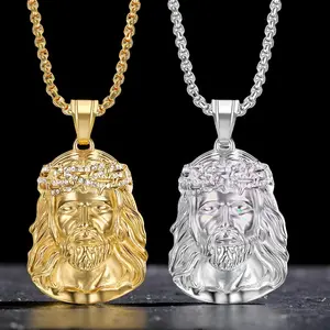 Men's Iced Out Jesus Face Pendant Necklace Hip Hop Style Gold Plated Stainless Steel Religious Jewelry Gift Christian Cross Chain for Boys Catholic Gift