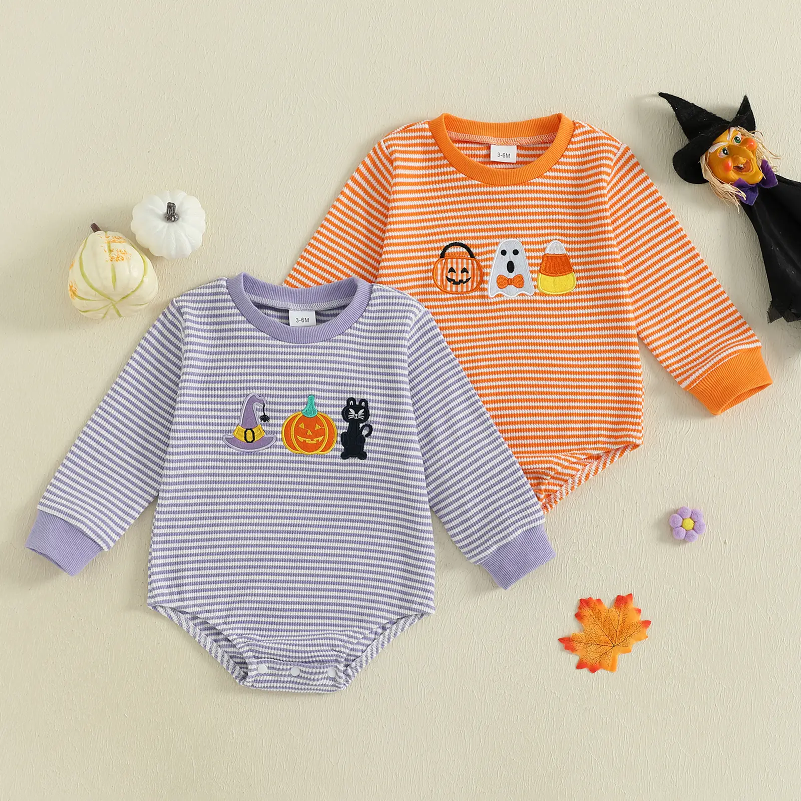 Infant Baby Girl Boy Halloween Romper Long Sleeve Pumpkin Ghost Embroidery Bodysuit Newborn Fall Outfit
