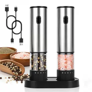 Puraville 2 Pack Rechargeable Electric Salt and Pepper Grinder Set, USB Type-C Charging Automatic Cordless Salt Pepper Mill with Dust Cover, One-Button Control, Adjustable Coarseness, Stainless Steel