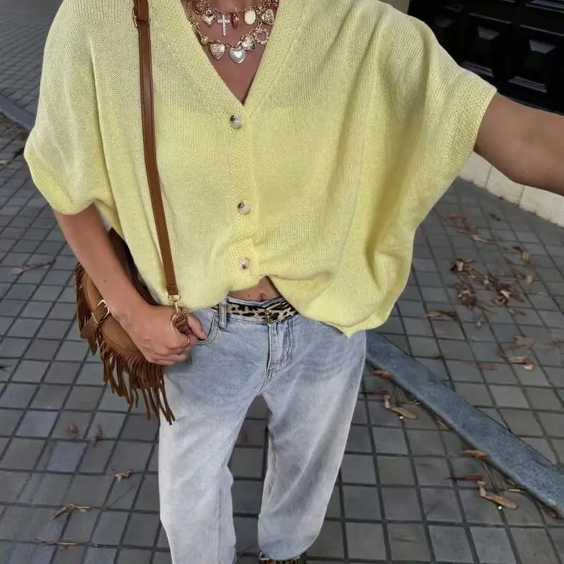 -Sweet Dreams. Lady's Oversized Knitting Batwing SleeveCardigan, V-Neck Button-Front Basic Women's Tops,Casual Bohemian Summer Outfits Knitwear.11