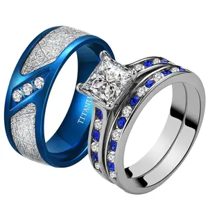 Ringcrown Couple Rings Matching 1ct AAA CZ White & Blue 2pcs Women Wedding Ring Sets for Him and Her Blue Titanium Steel Wedding Band