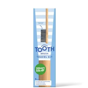 Charcoal-Infused Bamboo Toothbrush Travel Kit – Vegan & Eco-Friendly, Ultra-Soft Bristles, Wooden Travel Case & Stand, Sustainable Oral Care, 6pc