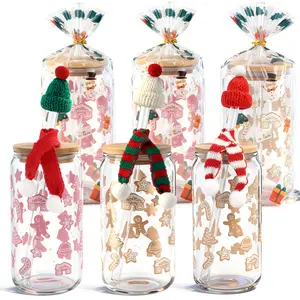 Gifts 6-Pack Christmas Glass Cup Gift Set with Lids, Straws & Knit Accessories – Gingerbread Holiday Drinking Glasses with Bamboo Lids, Scarves & Hats, Perfect Christmas Gifts for Friends, Family & Coworkers