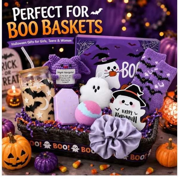 Boo Basket Stuffers for Women Halloween Gifts for Women | 8 Pcs Halloween Spooky Gifts with Crochet Boo Basket for Women Teens Girls Her Sister