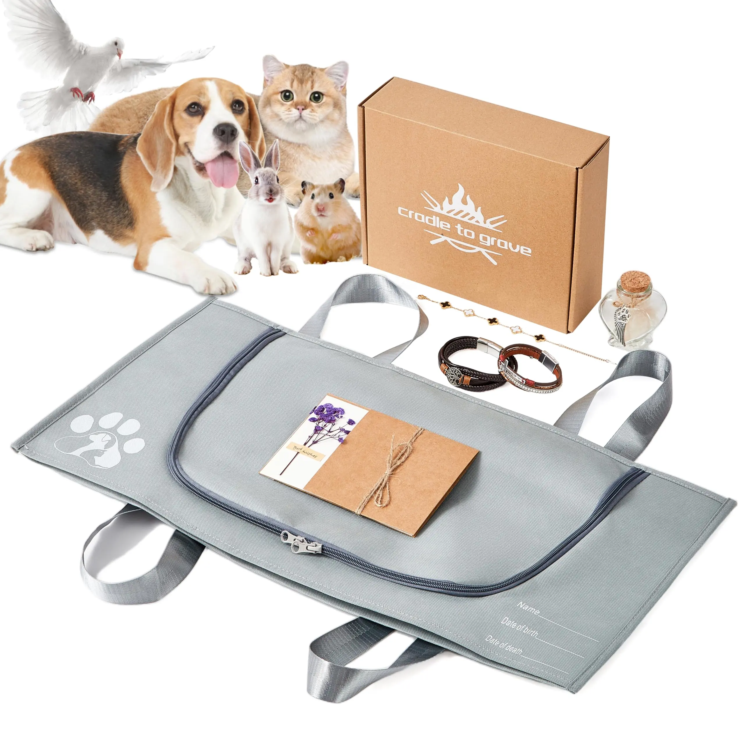 Biodegradable Pet Burial Bag, Eco-Friendly Non-Woven Animal Body Bag for Small Dogs Cats Rabbit Hamster Bird, Portable Pet Funeral Casket with Memorial Card & Keepsake Bracelet, Gray Small Size