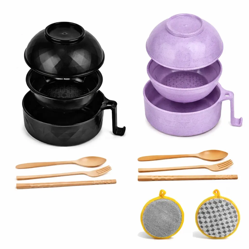 2-Pack Ramen Noodle Bowl Set with Spoon, Chopsticks, Fork & Sponge Scrubber – Microwave-Safe Ramen Cooker with Lid for Heating Noodles, Pasta, Soup & Any Food – Complete Meal Prep Set