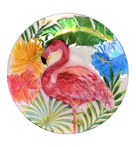 360 stand Holographic Painted Flamingo Glass Plate Bird Bath Bowl, 18in Outdoor Garden Decor for Bird Supplies Grooming Needs, Multi-Use Feeder/Glasses Accessory, Flamingos, Outdoor Decor, Hand-Painted