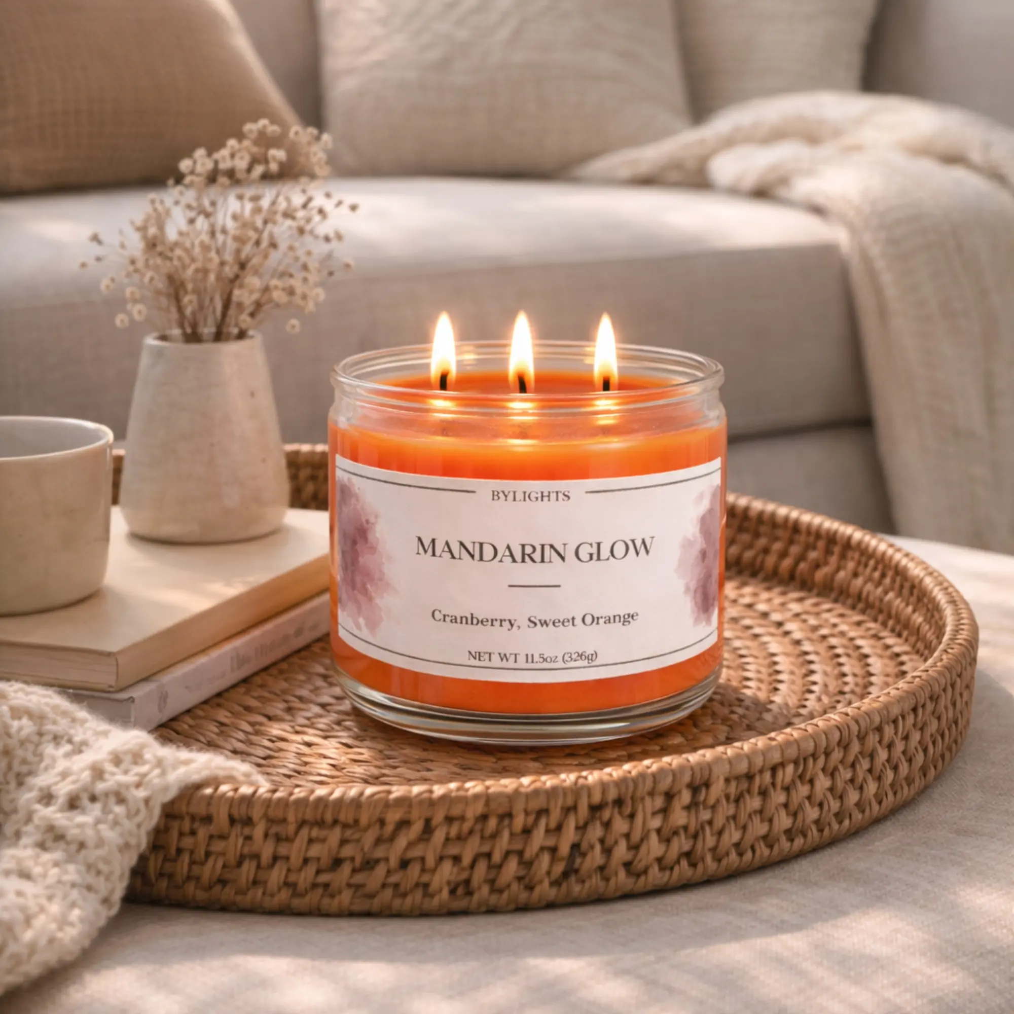 ByLights Mandarin Glow Scented Candle, Sweet Orange Cranberry, Soy Wax, 3 Wick (11.5oz), Handmade, Made in USA