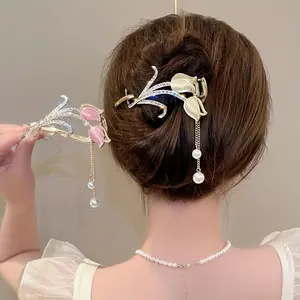 3pc High-end Opal Tulip Tassel Hairpin Ladies Pull Hair on The Back of The Head, One-word Twist Clip, Personalized Frog Buckle Hair Accessories
