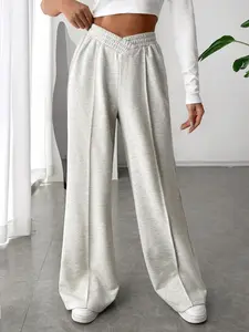 Women's Plain Elastic-Waist Wide-Leg Sweatpants, Casual Comfy Basic High-Waist Pants for Daily Wear, Ladies' Baggy Pants for Fall