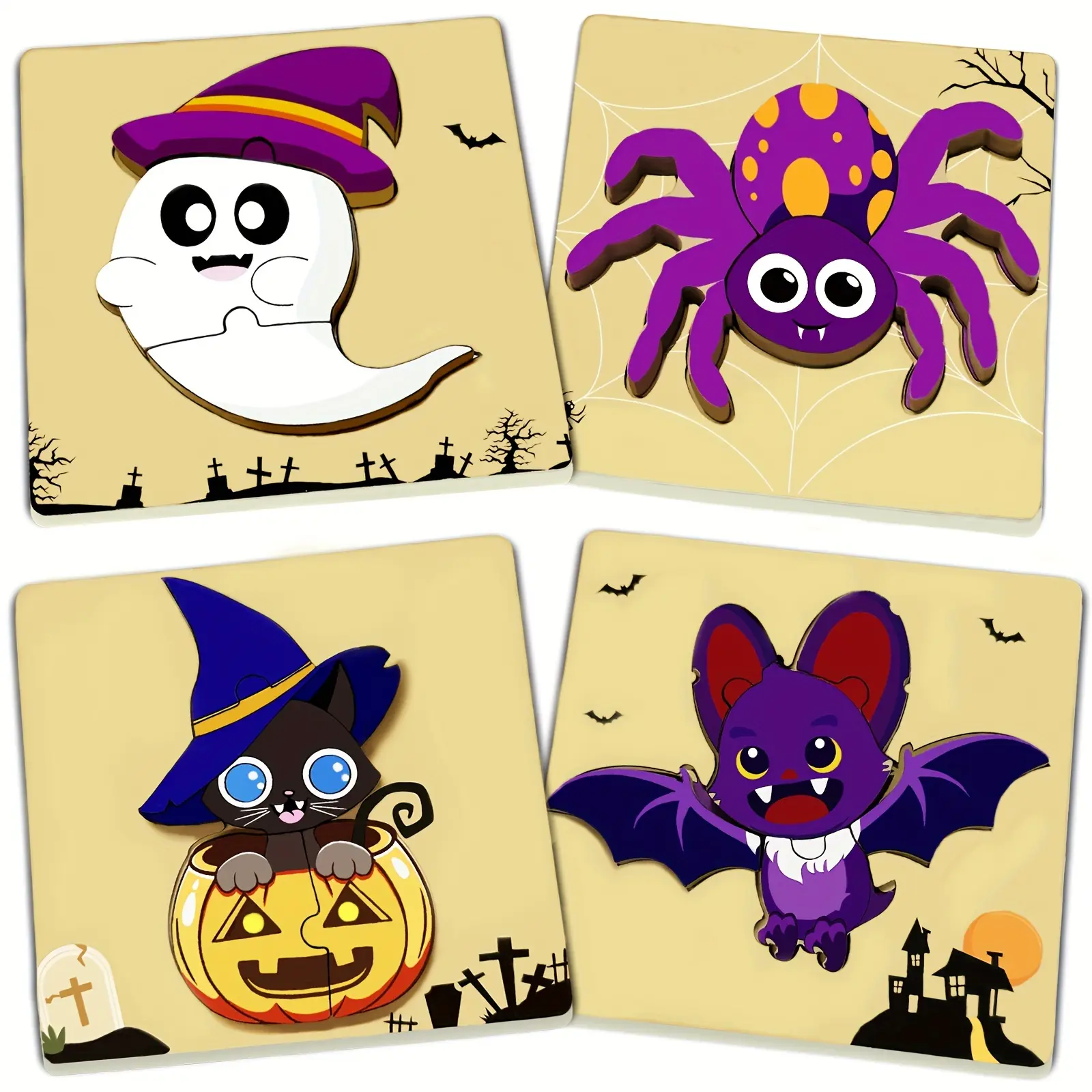 Toddlers' Halloween Wooden Jigsaw Puzzle, Montessori Toy with Black Cat, Witch, Pumpkin Designs
