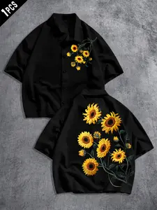 Unisex Summer Loose Fit Short Sleeve Shirt, Floral Sunflower Print, Casual Streetwear, Fashionable Daily Wear, Comfortable and Stylish