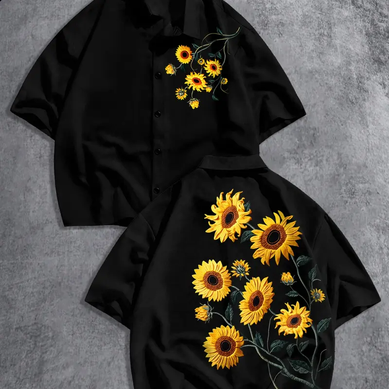 Unisex Summer Loose Fit Short Sleeve Shirt, Sunflower Print, Casual Streetwear, Fashionable Daily Wear, Comfortable and Stylish, Printed Shirts