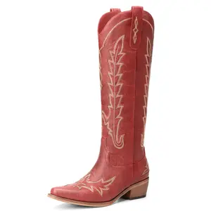 Women's Western Cowboy Boots - Knee-High Pull-On and Zipper Boots with Pointed Toe and Chunky Heel