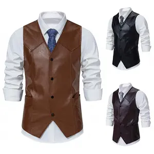 New Men's Retro V-neck Single-breasted Motorcycle Vest Fashionable European Size Slim PU Leather Vest Men