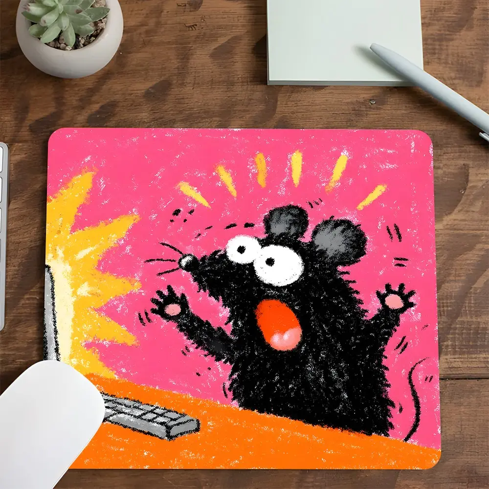 Panicked Black Mouse Gaming Mouse Pad, Mousepad, Playful Crayon-Style Portrait Layout Design, Desktop Decorative Protective Pad, Rubber Anti-slip Lockedge Work Pad, Small Size Suitable for Laptop, Games, Work, Daily Use