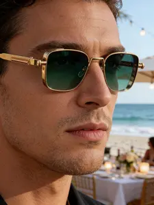 Men's Trendy Gold Frame Square Sunglasses, Fashion Shades, Lightweight Vintage Eyewear for Daily Outfit, Beach & Romantic Gift