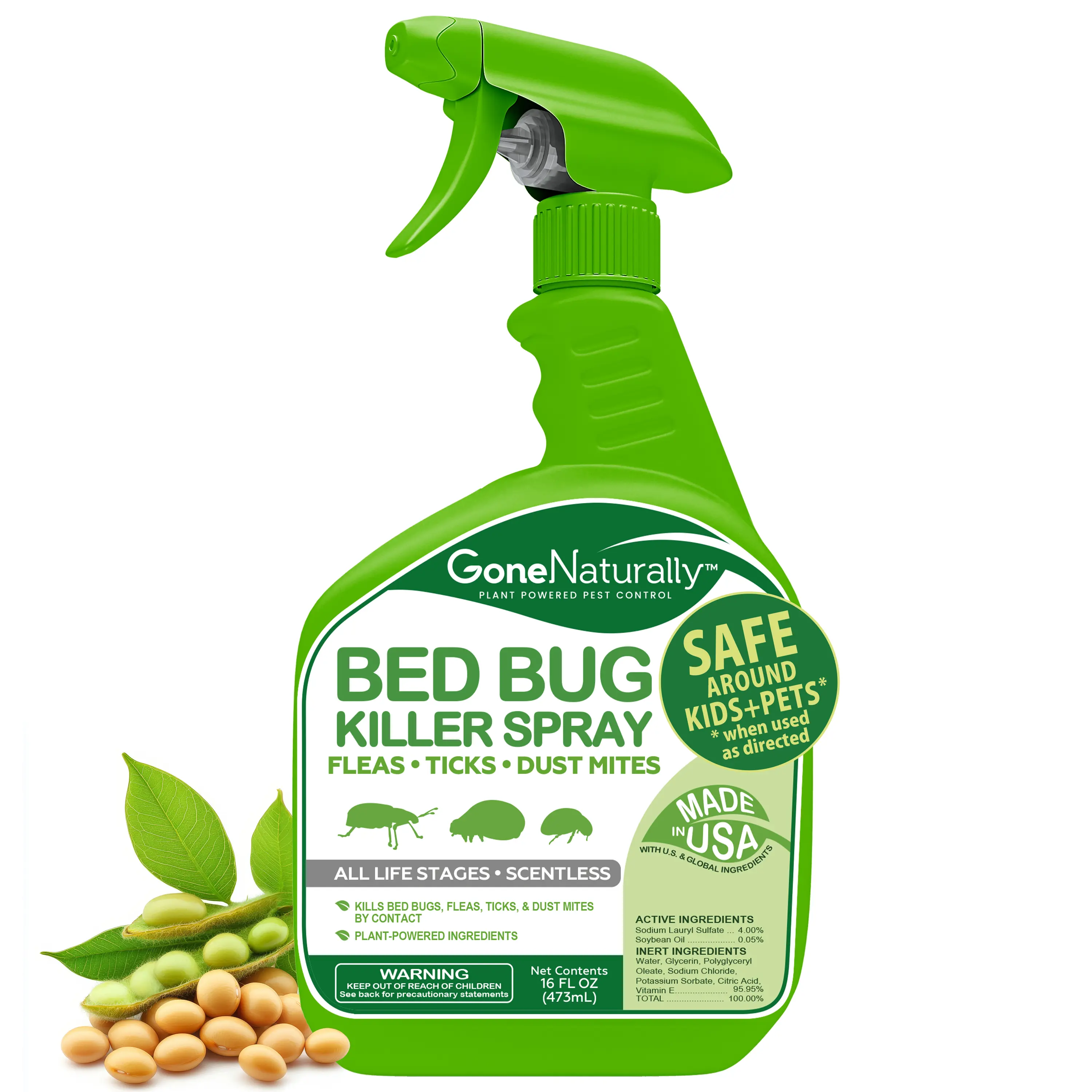 GoneNaturally Bed Bug Spray – Scentless Natural Bed Bug Killer for Home & Mattress, Kills Bed Bugs, Nymphs & Eggs on Contact – Non-Staining, Kid & Pet Safe – Flea, Tick & Dust Mite Control, 16 oz