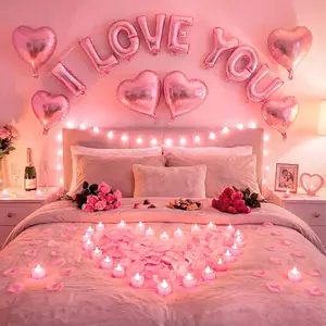 Pink Valentine's Day Balloons Kit with 16 Inch I Love You Letter Banner 6 Pcs18 Inch Heart Balloons 24 Pcs Flameless Candles 2000 Pcs Fake Rose Petals for Galentines Party Bridal Shower Decor