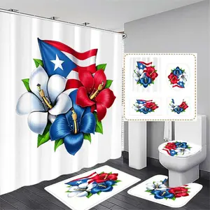 Flag & Blue Tropical Floral Flower Shower Curtain Set, Modern Bathroom Decor, No-Drill Hooks Included, Perfect Gift