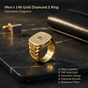 Men's 14K Solid Gold Diamond 'S' Ring | Geometric Pavé Signet Geometric Design jewelry