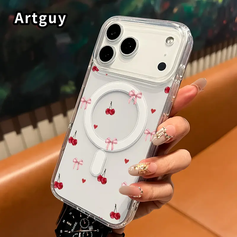 Magnetic Soft Phone Case for iPhone 17 Pro Max 16 Plus 15 14 13 12 11 Air E Cherry Bow Love Pattern Anti-Yellowing Shockproof Ultra-Thin Silicone Crystal Transparent Acrylic Cover Supports Wireless Charging.