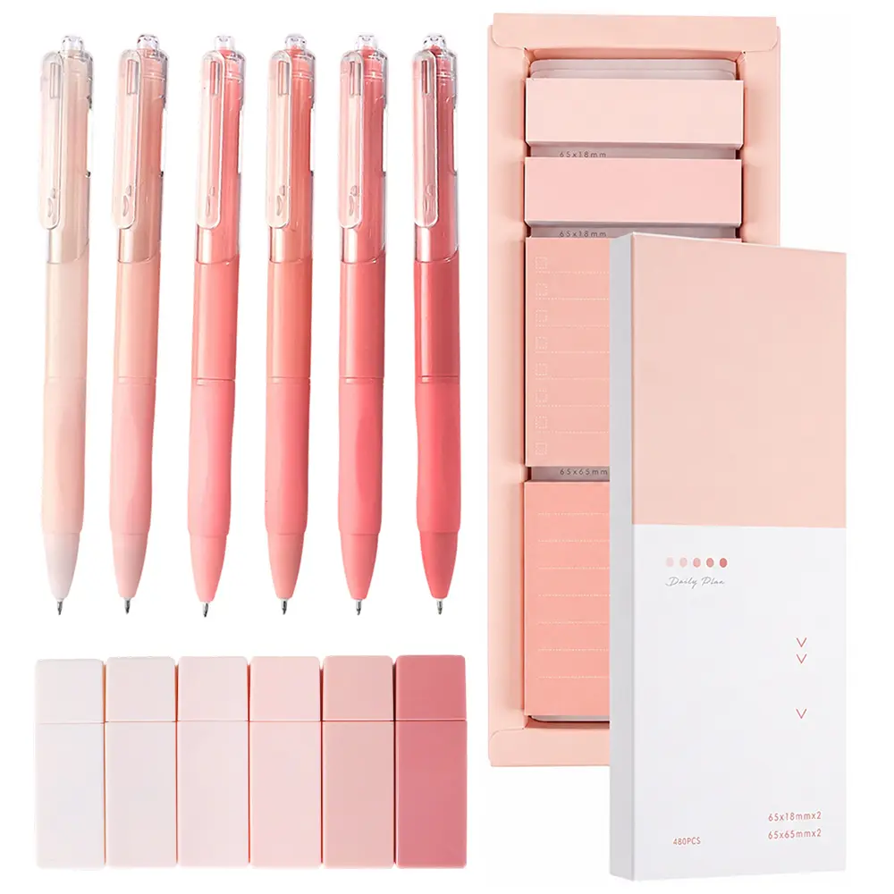 13Pcs Pink Office Desk Accessories Aesthetic School Supplies Pens Sticky Note Set 6 Mini Correction Tape 6 Retractable Black Ink Pens 0.5 mm Fine Point Pen Self Stick Index Tabs(Pink) - Home Improvement.