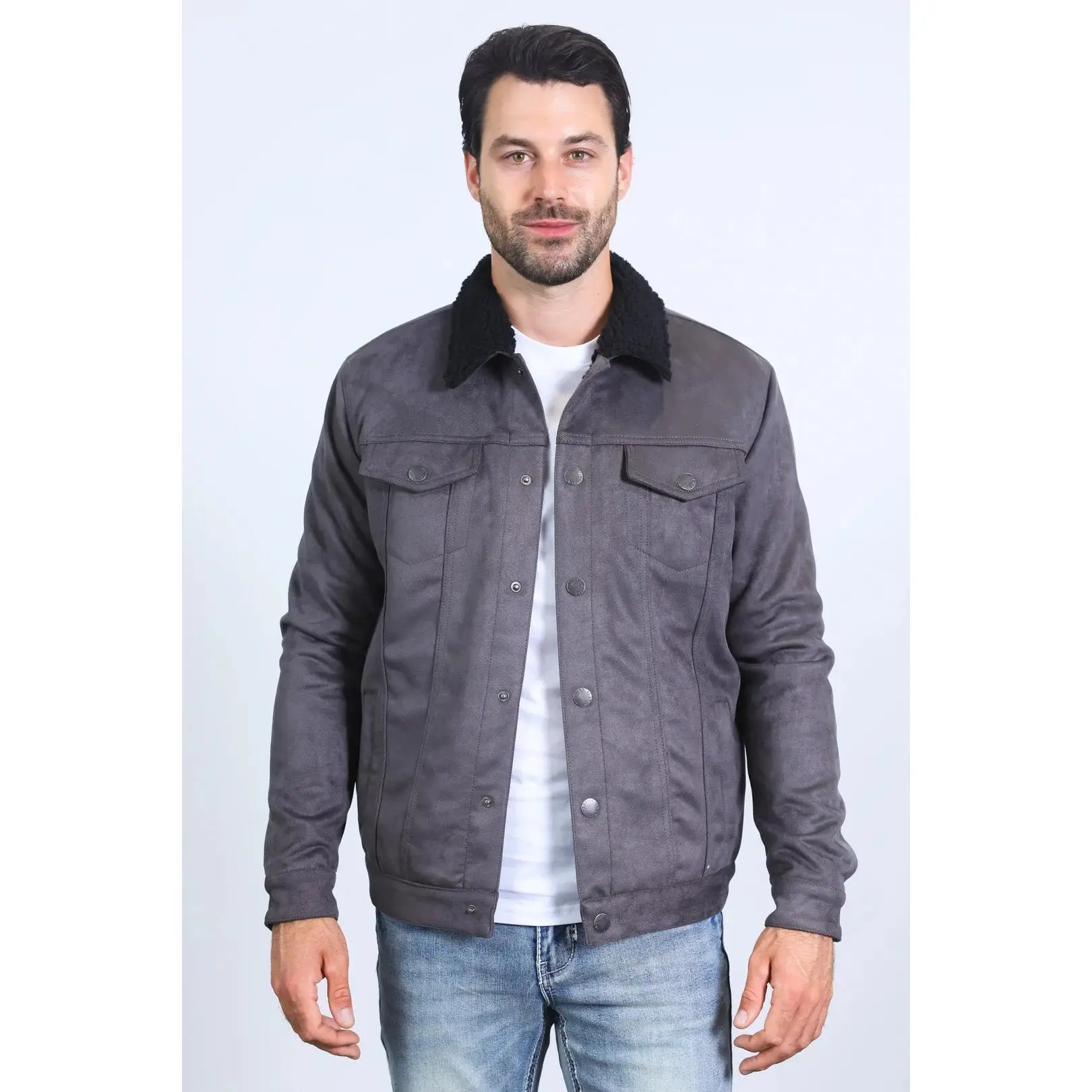 PLATINI MENS SHERPA LINED FAUX SUEDE JACKET - CHARCOAL