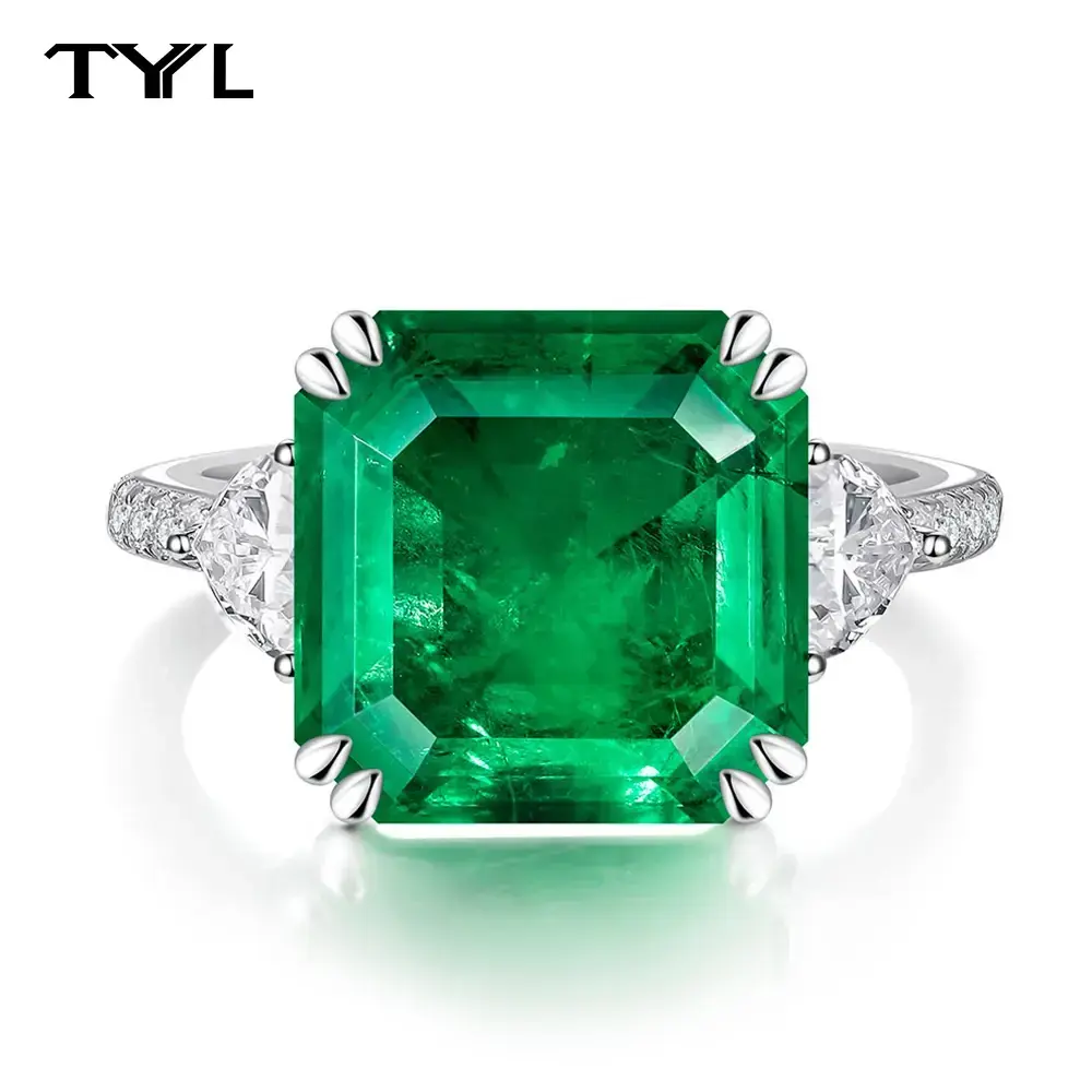 TYYL Asscher Cut 12*12mm Square High Carbon Diamond Ring 925 Silver Lab Emerald Gemstone Rings Women Wedding Party Lady Jewelry