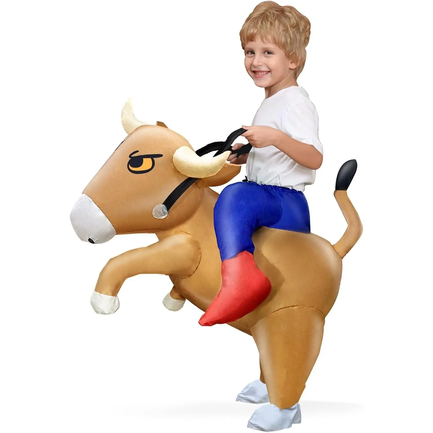 Halloween Inflatable Bull Rider Costume for Kids Cosplay Party | One Size Fits Most Children, Dual Power Mode(USB/AA), Waterproof Polyester, Quick Inflate & Compact Storage