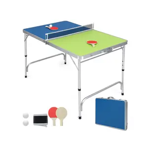 COSTWAY - Foldable Ping Pong Table Game Set Mini Table Tennis Table with Adjustable Height-Blue & Green