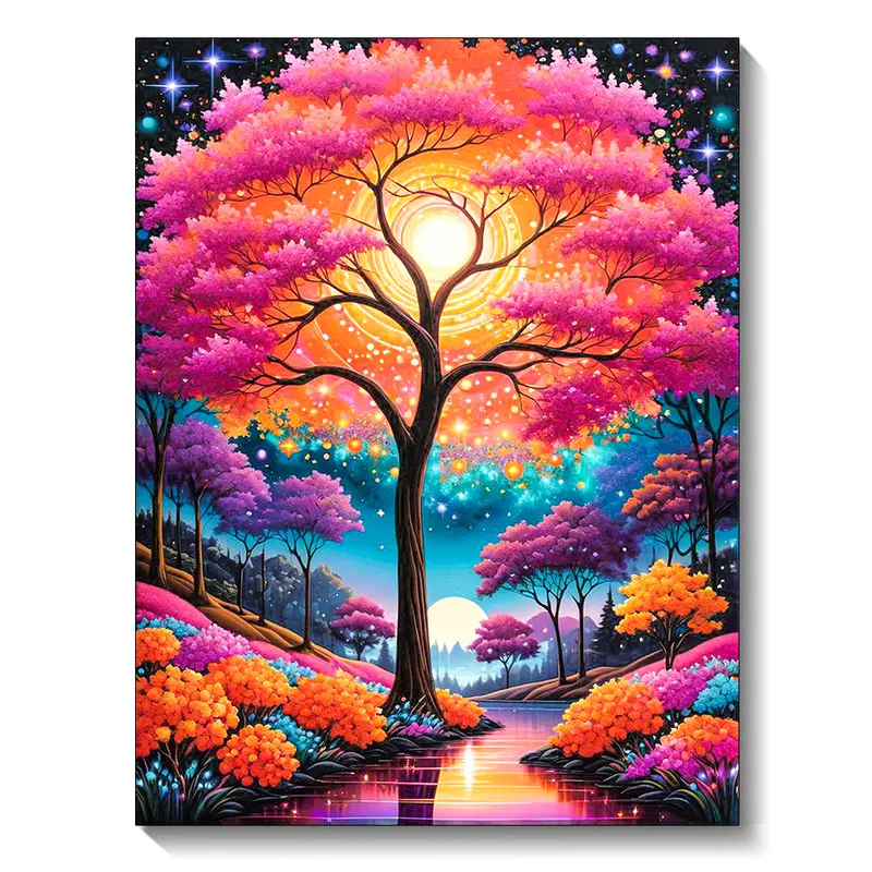 Pink Moon Tree Full Round Rhinestone Diamond Painting Kit - All-In-1 Set with Diamond Art Tools, High-Clear Waterproof Oil Canvas, Even Texture Mixed Textile, for Adults & Children Friends, Bedroom Decoration & Family DIY Bonding Gift
